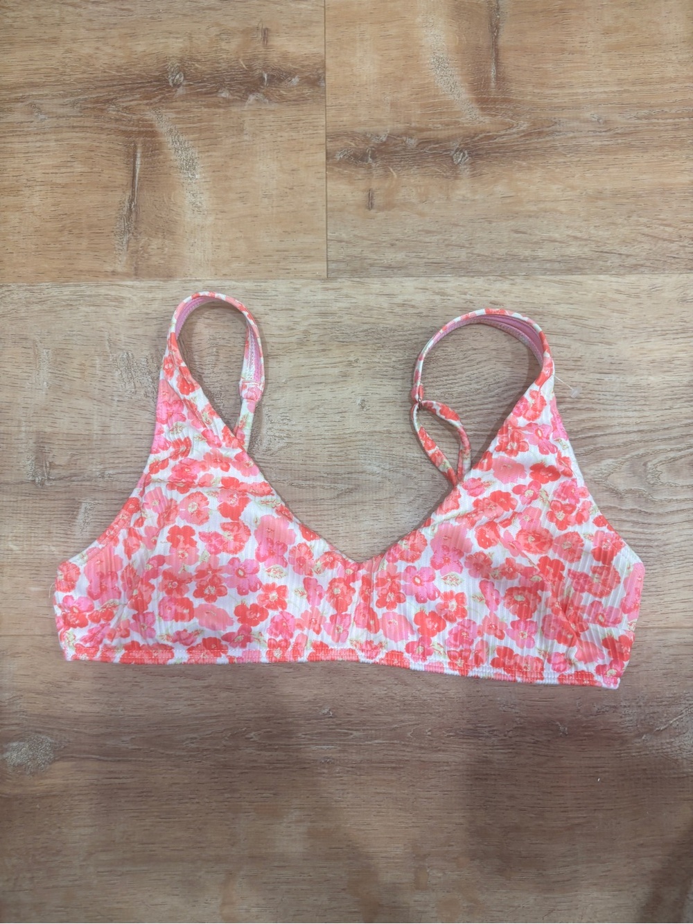 Hollister Pink and Coral Floral Ribbed Bikini Top